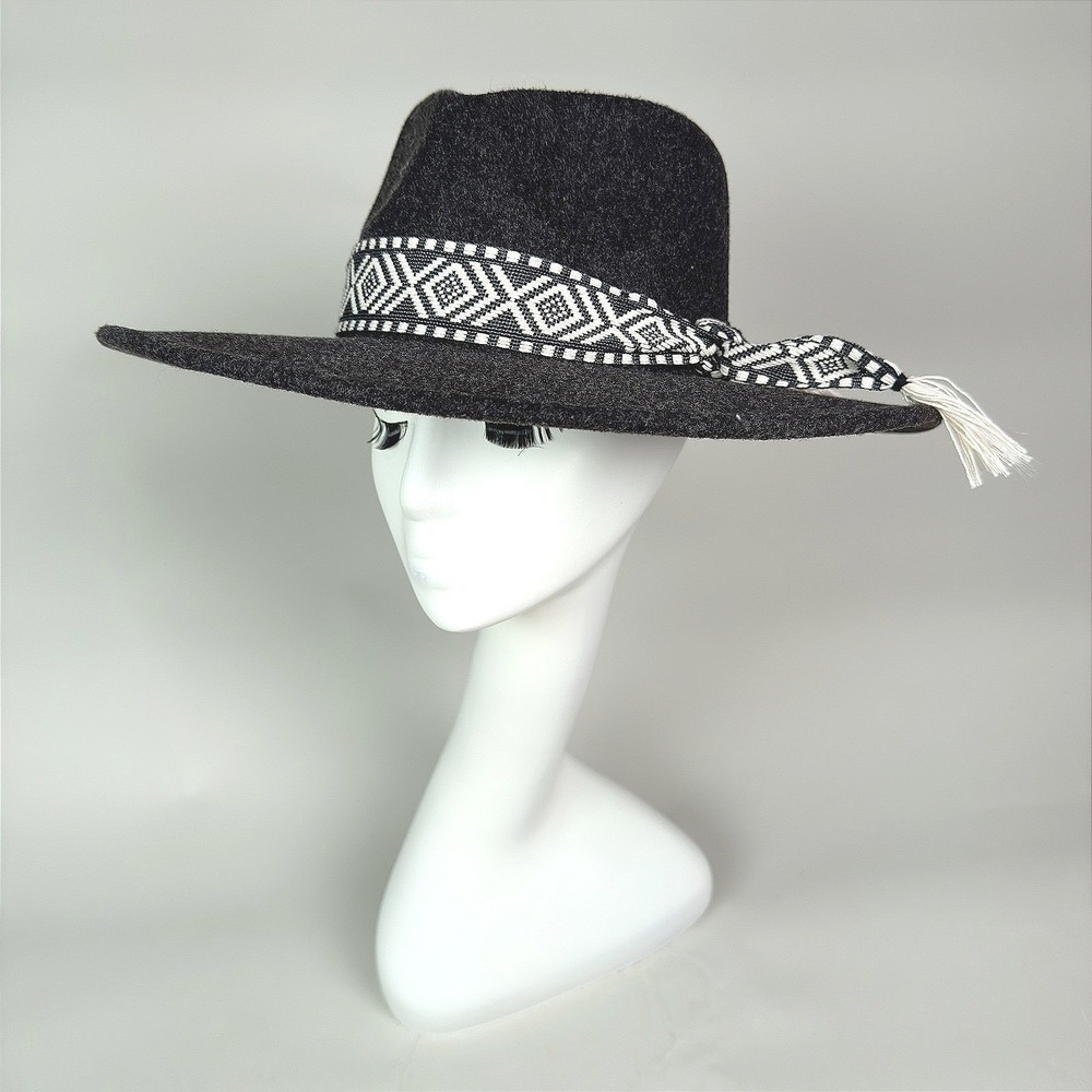 Dark Grey Felt Wide Brim Hat Geometric Pattern‎ Band Tassels